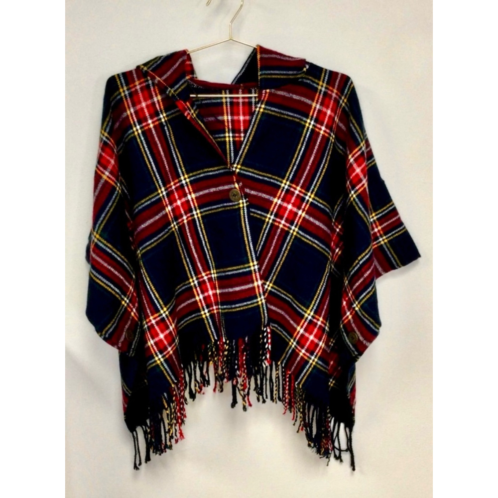 Women's Plaid Poncho One Size Black Red